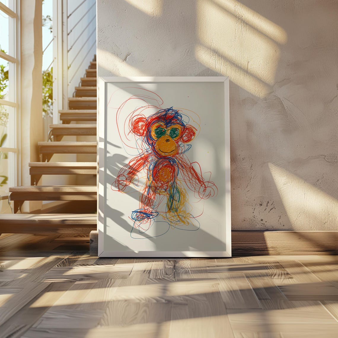Colorful Scribble Monkey Crayon Style Kids Playful Animal Art Poster