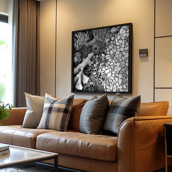 Minimalist Coral Reef Scene Black White Ink Art Monochrome Modern Detailed Underwater Poster Sea Life Wall Dcor