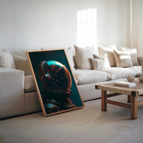 Neon Astronaut Helmet Galaxy Reflection Synthwave Space Art Poster