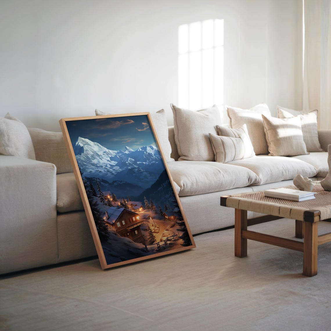 Snowy Mountain Cabin Night Forest Winter Landscape Canvas Wall Art