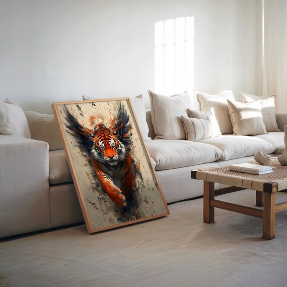 Vibrant Tiger Poster Memphis Style Maximalist Design Paint Splatters Art Warm Tones Detailed Cinematic Wall