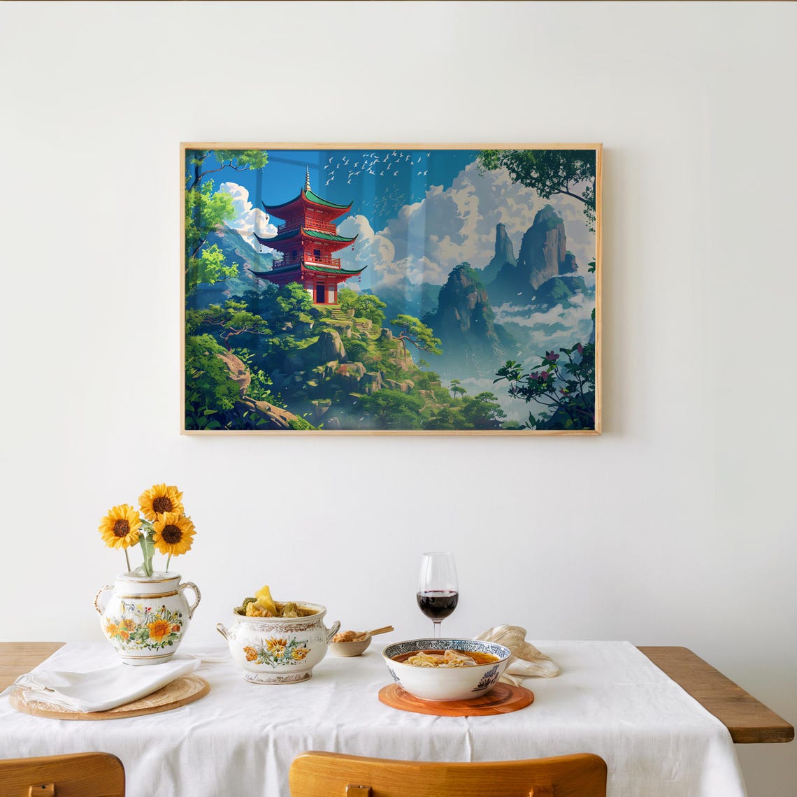 Red Pagoda Mountain Peak Misty Asian Landscape Fantasy Poster