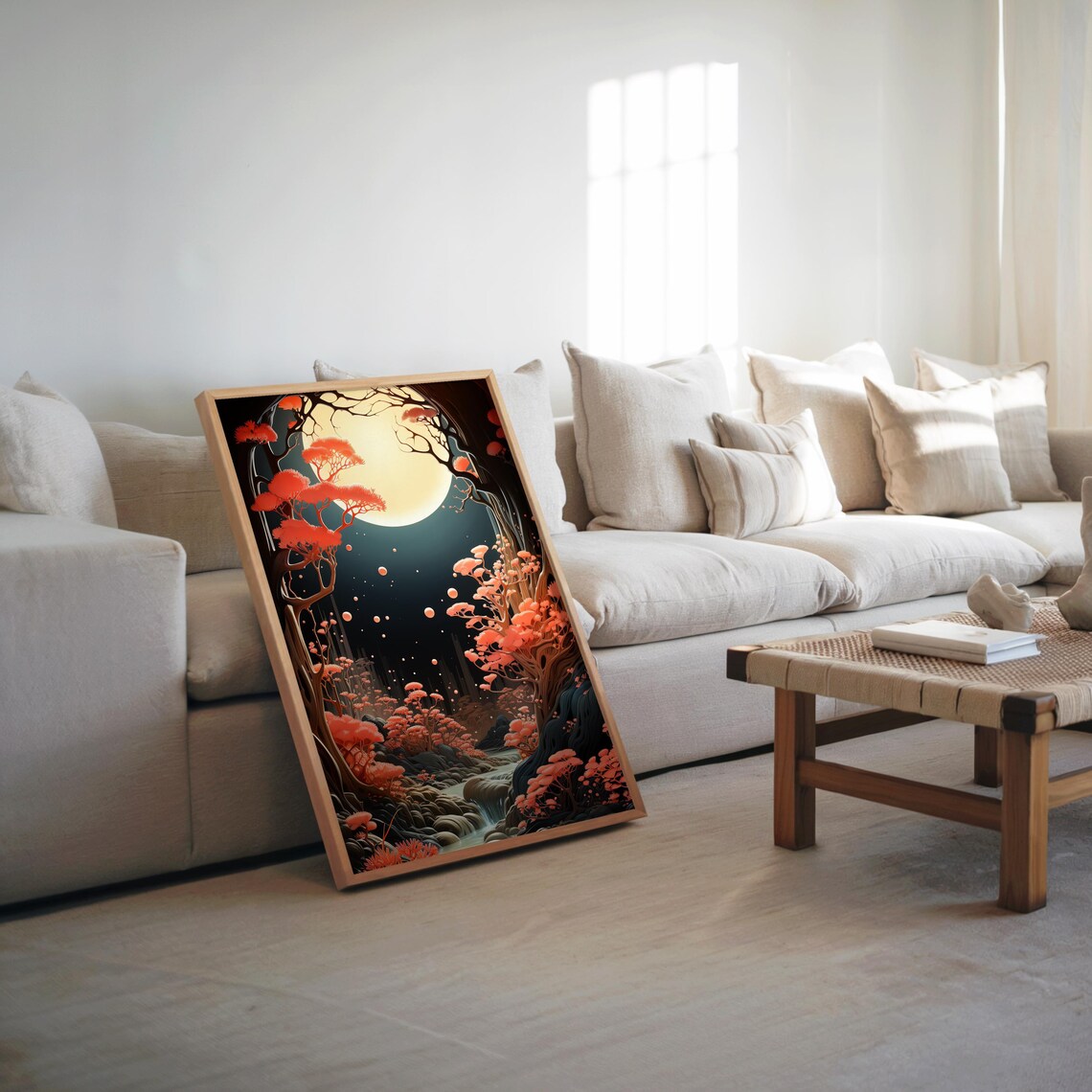 Glowing Full Moon Over Red Autumn Forest Night Fantasy Poster