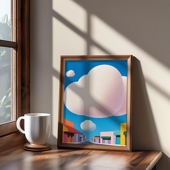 Retrofuturism Cityscape Pastel Modernism Art Dreamy Urban Skyline Acrylic Gouache Painting Glossy