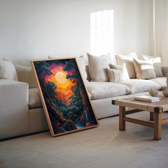 Psychedelic Forest Waterfall Oil Painting Vibrant Colors Dreamy Detailed Artwork Nature Art Surreal Scenery