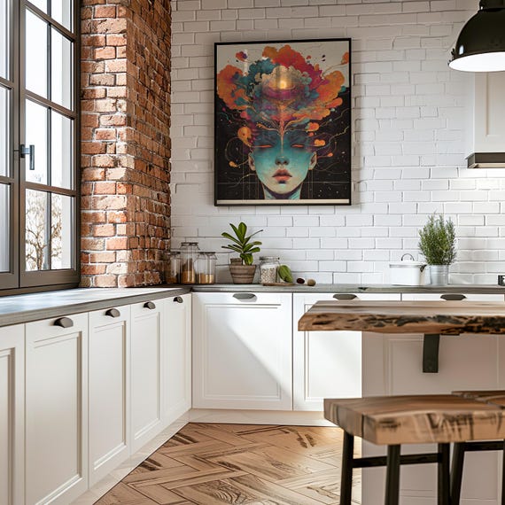 Psychedelic Maximalist Illustration Vibrant Muted Colors Womans Face Design Unique Wall Art Home Decor