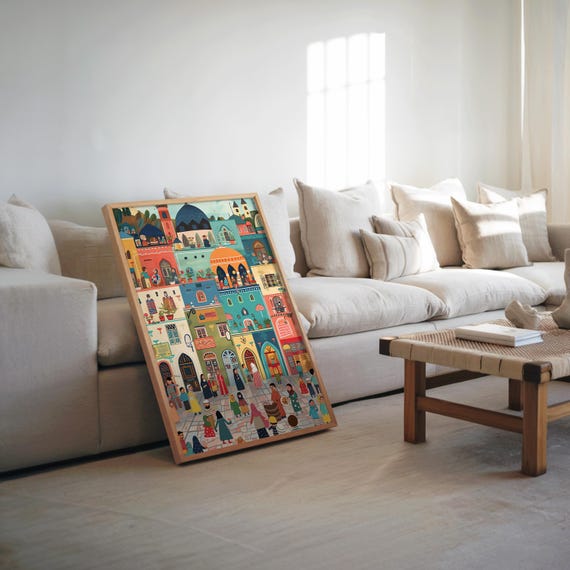 Midcentury Modern Pixel Art Poster Vibrant Muted Colors Townscape Pedestrian Life Modernism Vibe