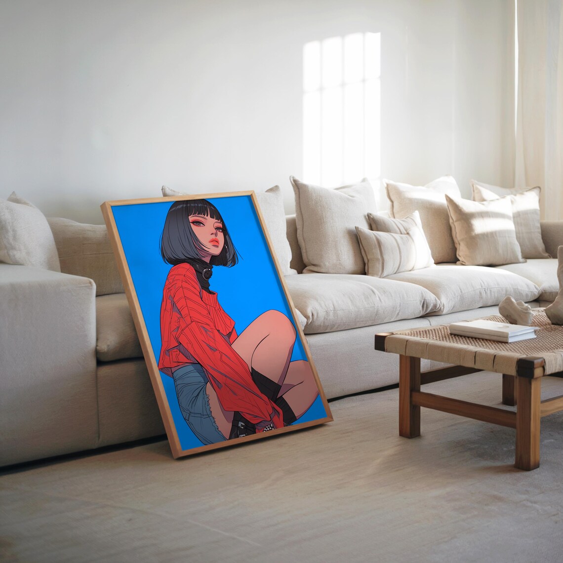 Anime Girl Red Shirt Blue Background Street Style Wall Poster