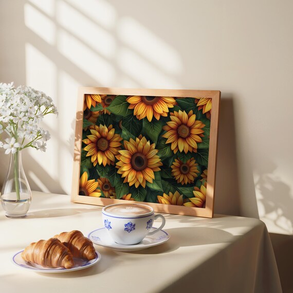 Sunflower Pattern Golden Yellow Floral Botanical Art Poster Home Decor