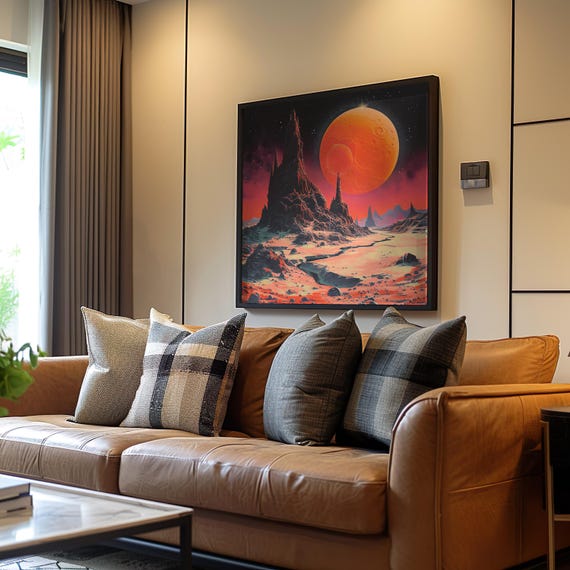 Synthwave Retrofuturism Mountain Planet Poster Airbrush Screen Print Neon Warm Tones Dreamy Vibe Highly Detailed