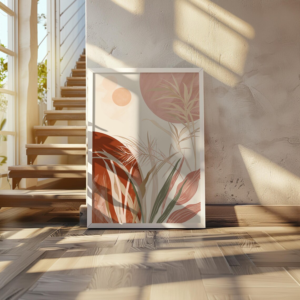 Midcentury Botanical Sun Terracotta Leaves Warm Minimalist Art Poster