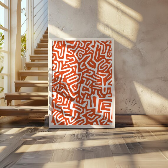 Abstract Orangewhite Motif Small Text Elements Memphis Design Cubism Poster Vector Art Print Monochrome Vibrant Hues 20 X 28