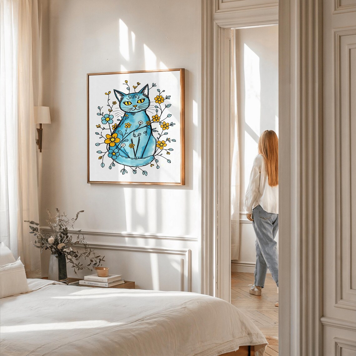 Whimsical Floral Cat, Boho Nursery Wall Art - Image 3