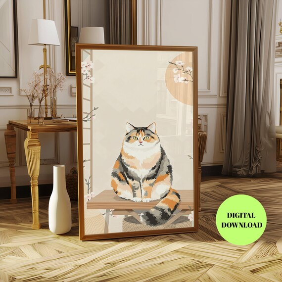 Calico Cat Japanese Style Floral Illustration