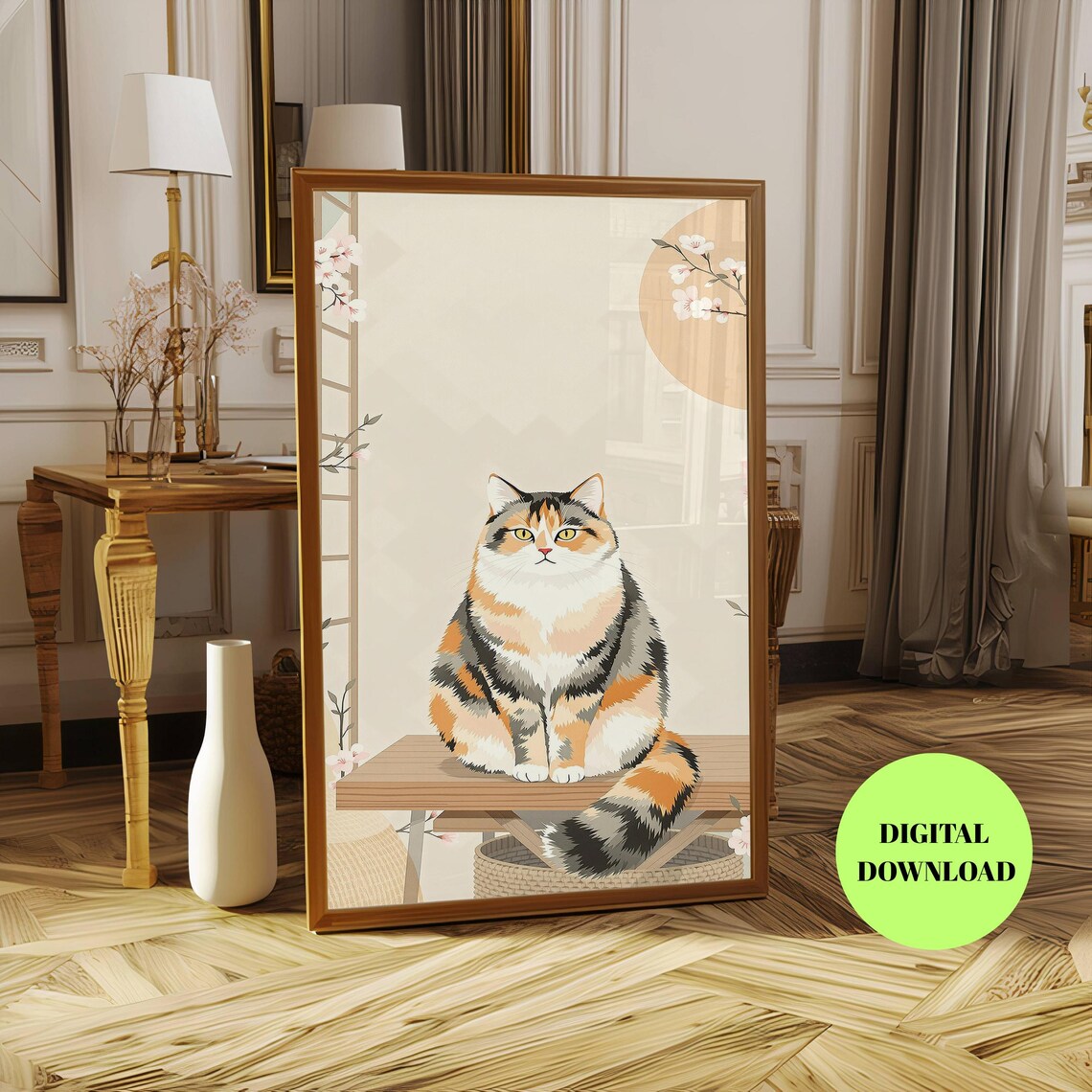 Calico Cat Japanese Style Floral Illustration