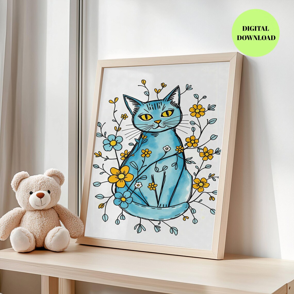 Whimsical Floral Cat, Boho Nursery Wall Art