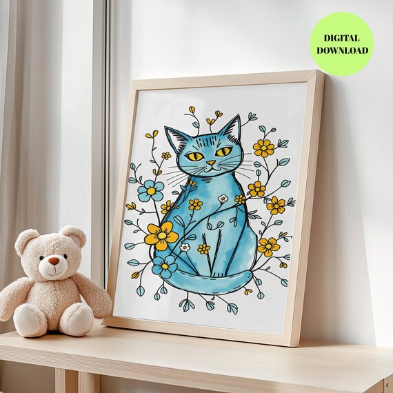 Whimsical Floral Cat, Boho Nursery Wall Art