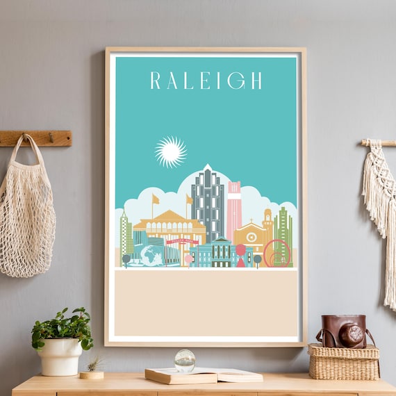 Raleigh Teal Skyline Flat Illustration North Carolina Cityscape Poster