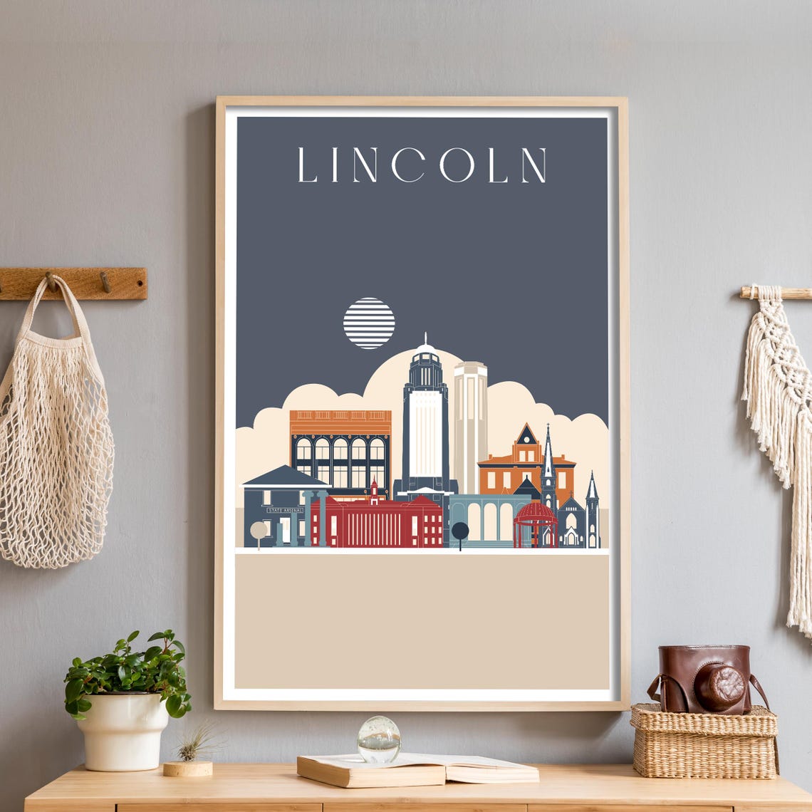 Lincoln Nebraska Minimalist Night Skyline Poster with Capitol Tower