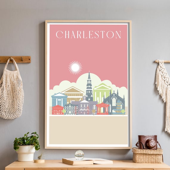 Charleston South Carolina Skyline Poster in Pink Illustration Art