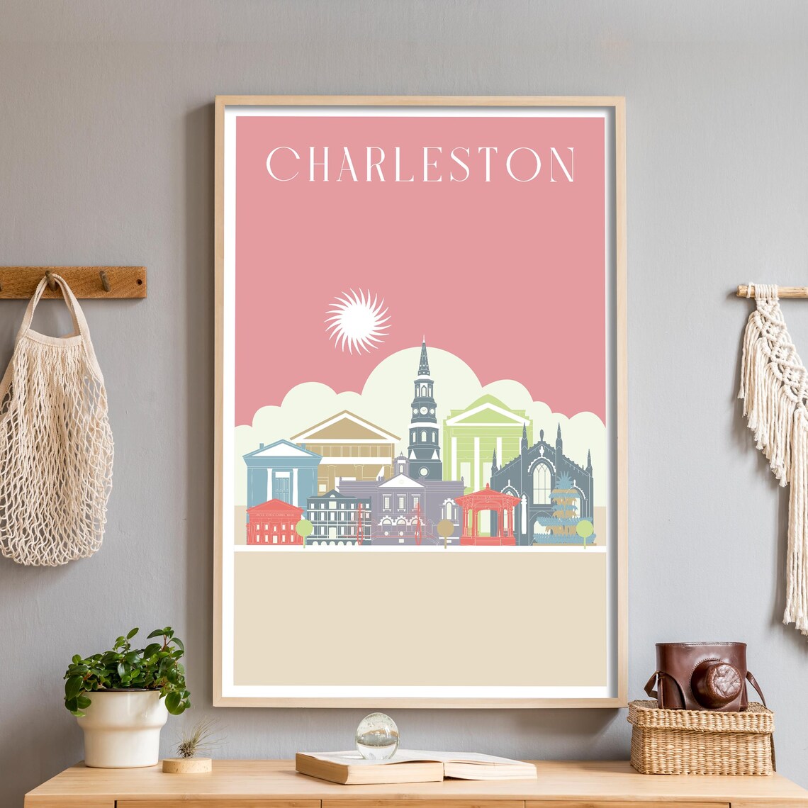 Charleston South Carolina Skyline Poster in Pink Illustration Art