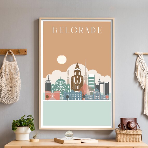 Belgrade Serbia Minimalist Daylight Skyline Travel Poster with Domes