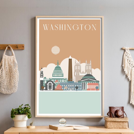 Washington DC Skyline Poster in Tan with Capitol Illustration Art