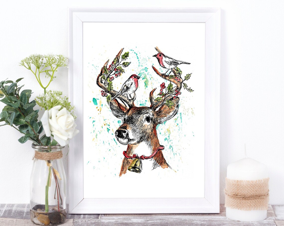 Christmas Reindeer Antlers With Birds Holiday Watercolor Art Poster