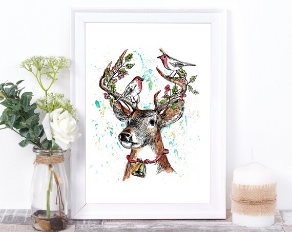 Christmas Reindeer Antlers With Birds Holiday Watercolor Art Poster