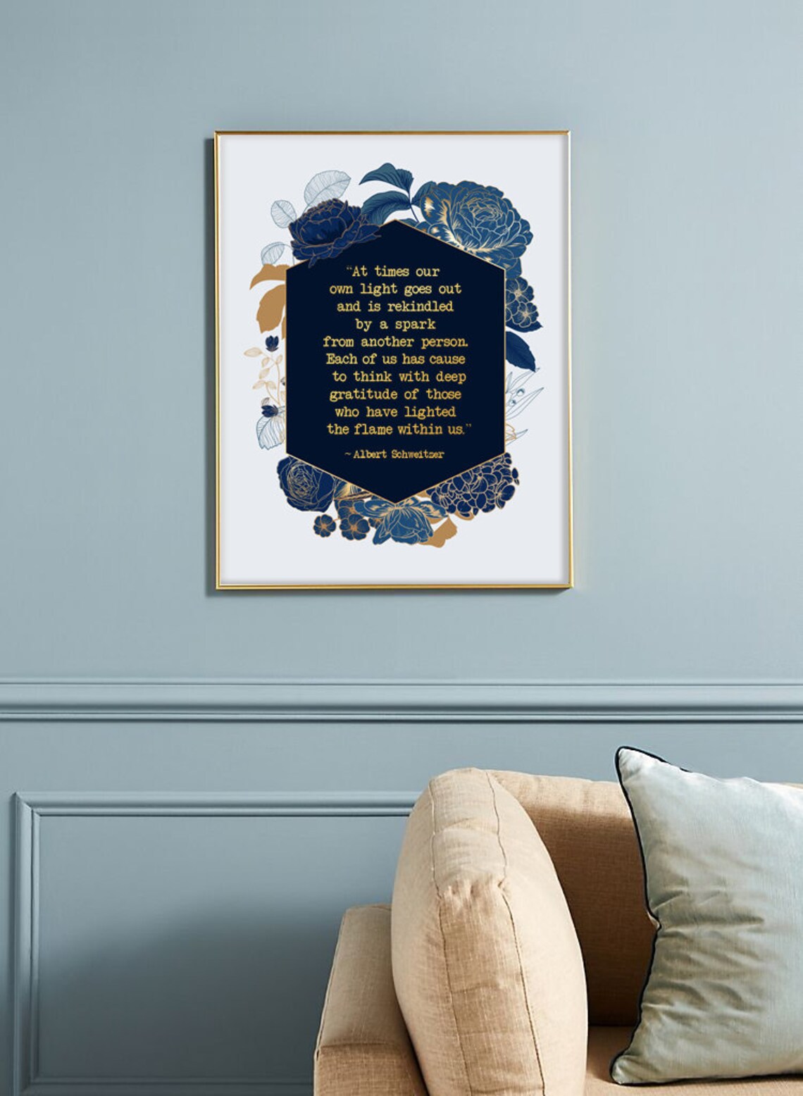 Albert Schweitzer Gratitude Quote Navy Floral Gold Thank You Art Print - Image 3