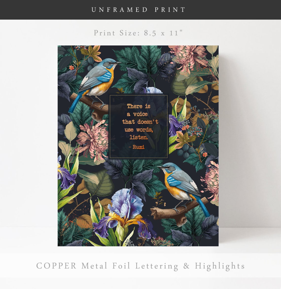 Rumi Listen to Silence Floral Birds Art Print - Image 2