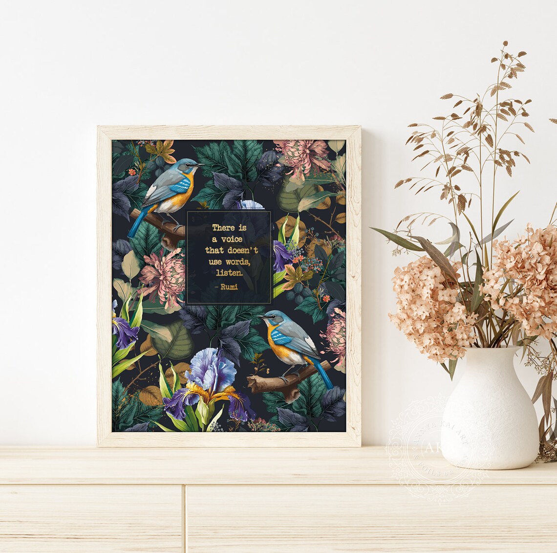 Rumi Listen to Silence Floral Birds Art Print - Image 4