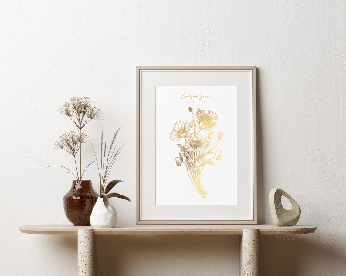 August Birth Flower Poppy Gold Foil Botanical Birthday Wall Art - Image 2