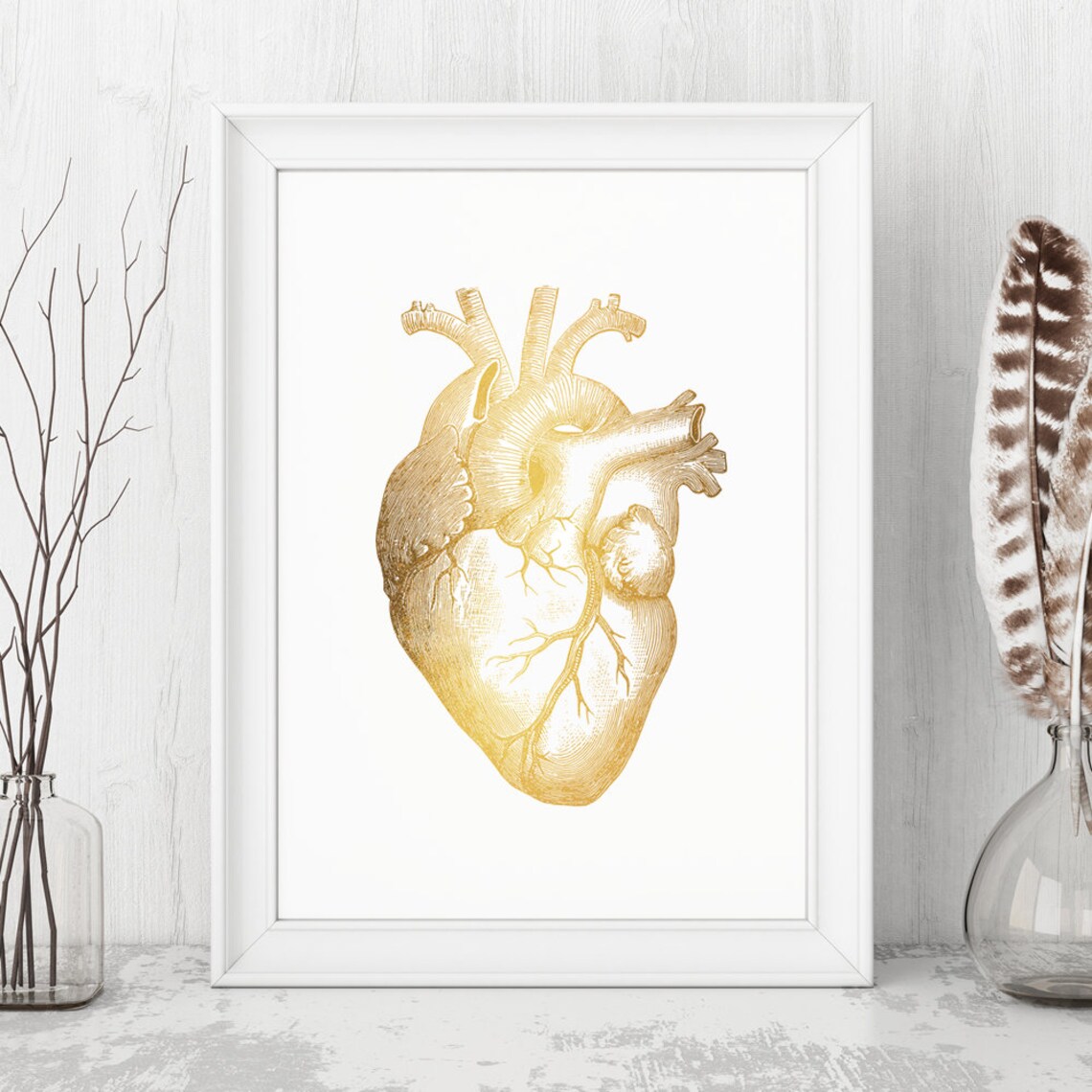 Gold Foil Anatomical Heart Poster, Office Decor