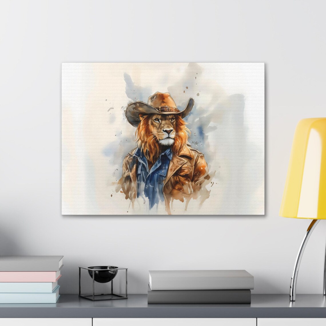 Lion Cowboy Denim Shirt Watercolor Portrait Light Airy Western Poster - Image 2