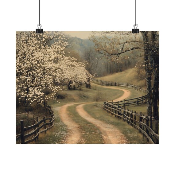 Winding Country Road Split Rail Fences Spring Blossom Poster