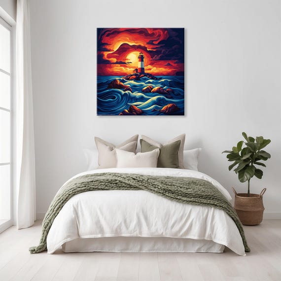 Lighthouse Ocean Waves Print Geometric Landscape Modern Painting Fantasy Nature Rustic Bright Wall Print Airbnb Art Wall Decor