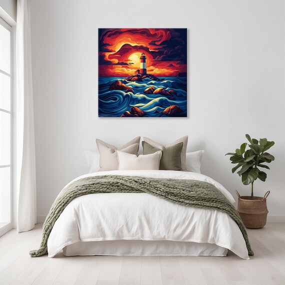 Striped Lighthouse On Rocky Island Dramatic Sunset Waves Poster