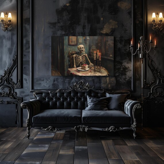 Spooky Skeleton Dining with Cake by Candlelight Gothic Art Poster