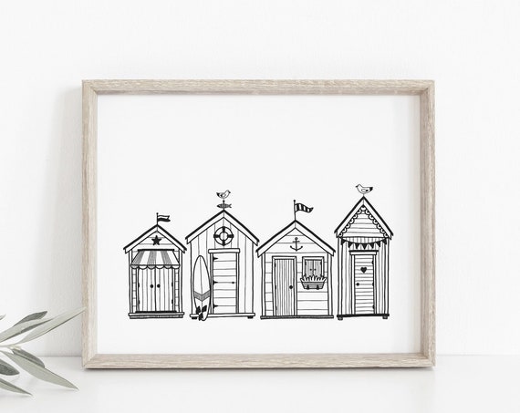 Beach Huts Black And White Line Art Poster