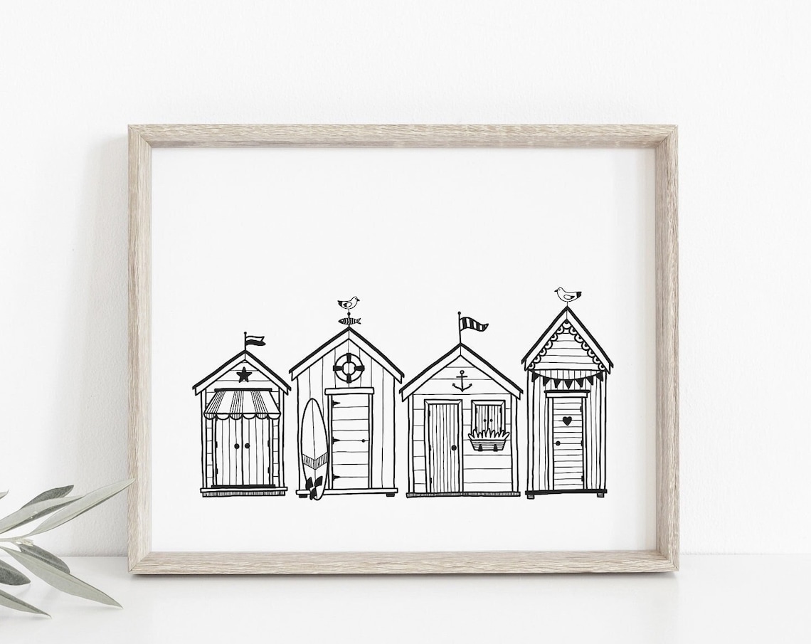 Beach Huts Black And White Line Art Poster