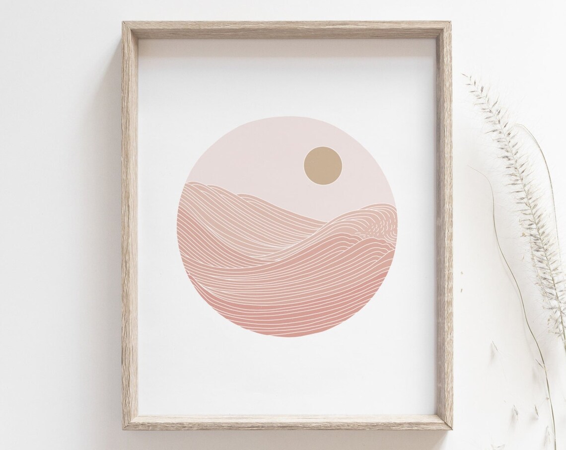 Japanese Wave Sunset Art Print, Pastel Minimalist