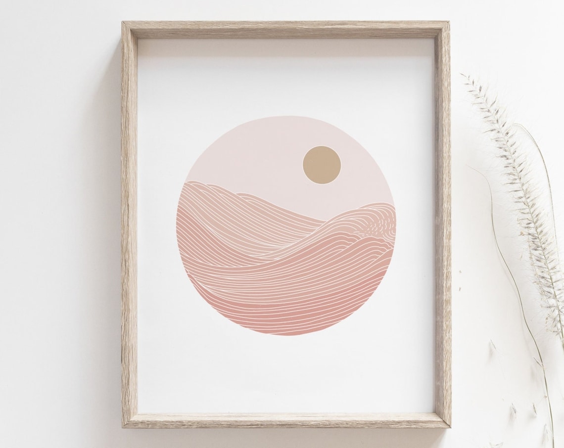 Japanese Wave Sunset Poster, Minimalist Beach House Decor