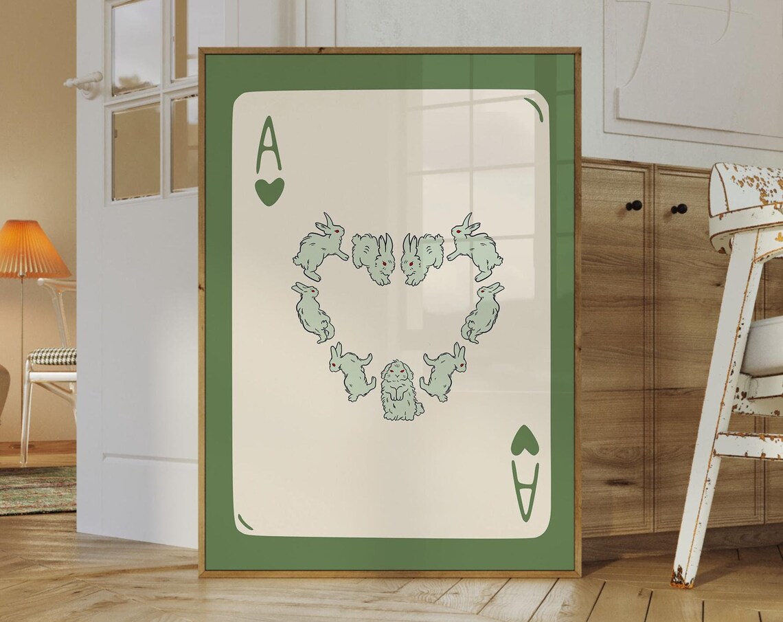 Green Ace of Hearts Playing Card Poster with Bunnies in a Heart Shape