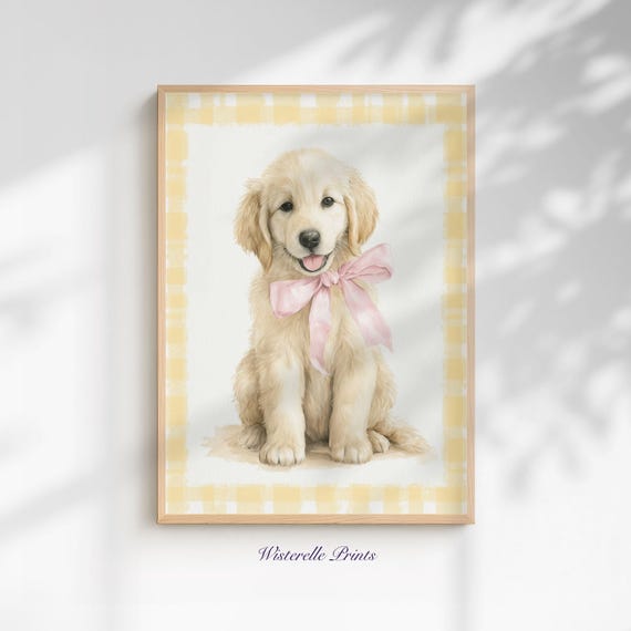 Golden Retriever Gingham Nursery Print Pastel Yellow Decor