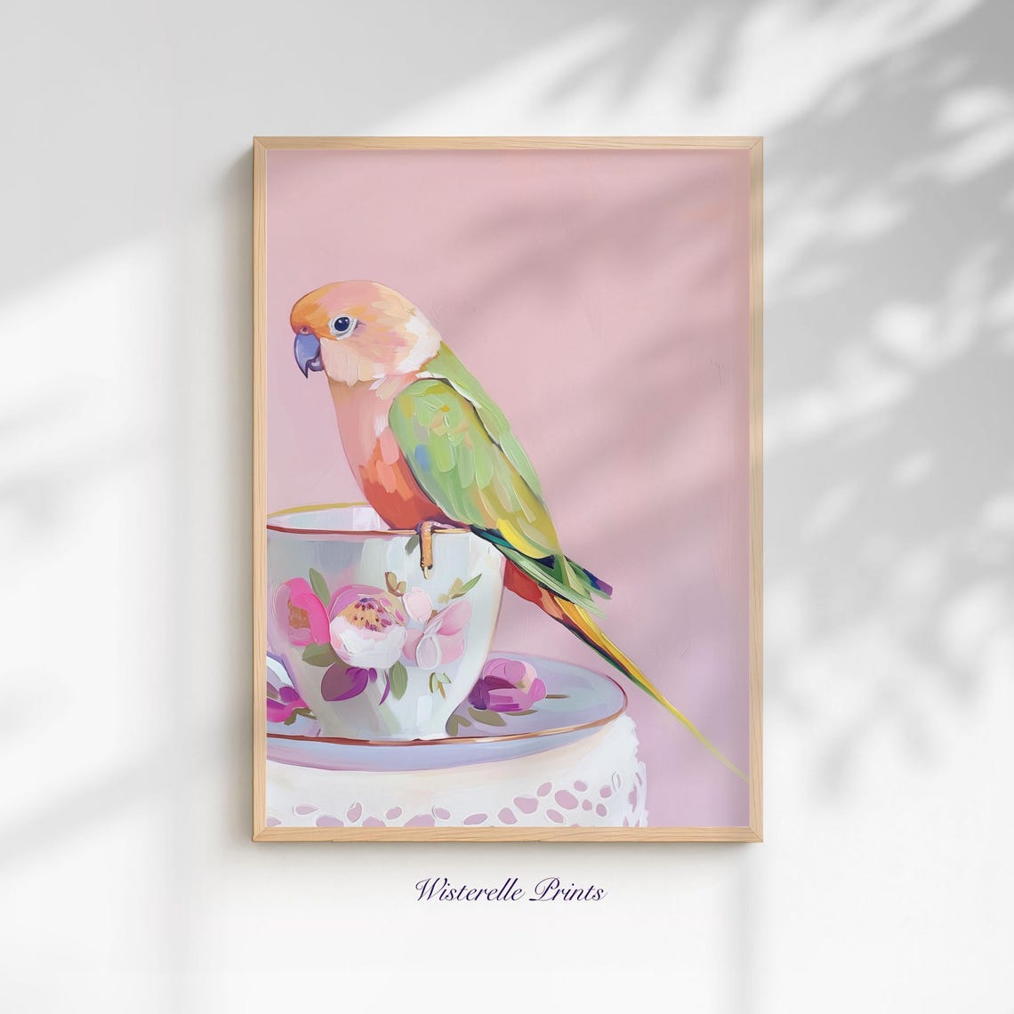 Pastel Parrot Perched on Floral Teacup Pink Bird Portrait Wall Art