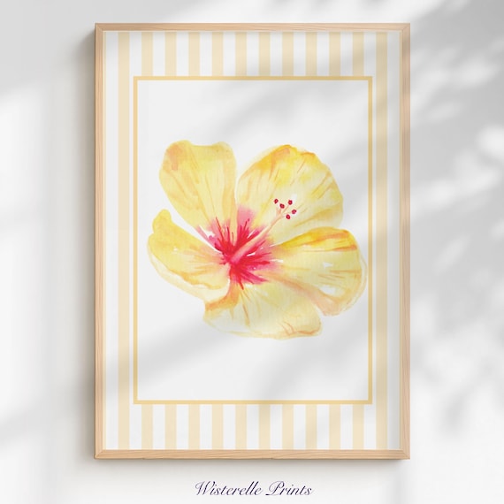 Yellow Hibiscus Watercolor Tropical Flower Coastal Decor Poster