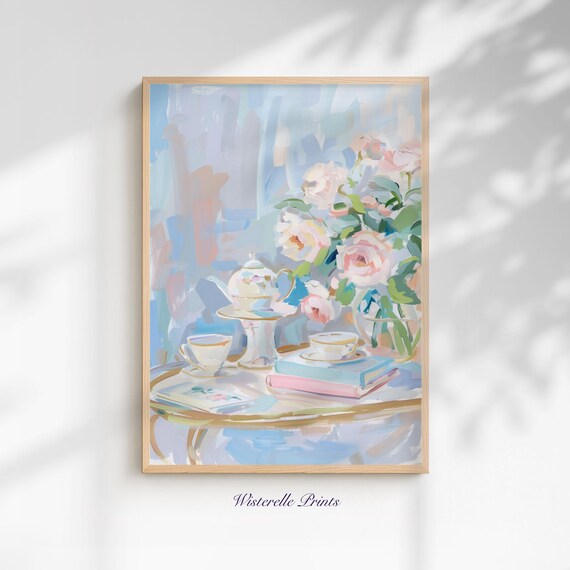 Pastel Tea Party Still Life Teapot Teacups Pink Peonies Art Poster