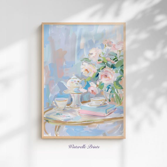 Tea Party Bouquet Coquette Floral Pastel Wall Art Print Still Life Pink Nursery Decor Baby Shower Gift