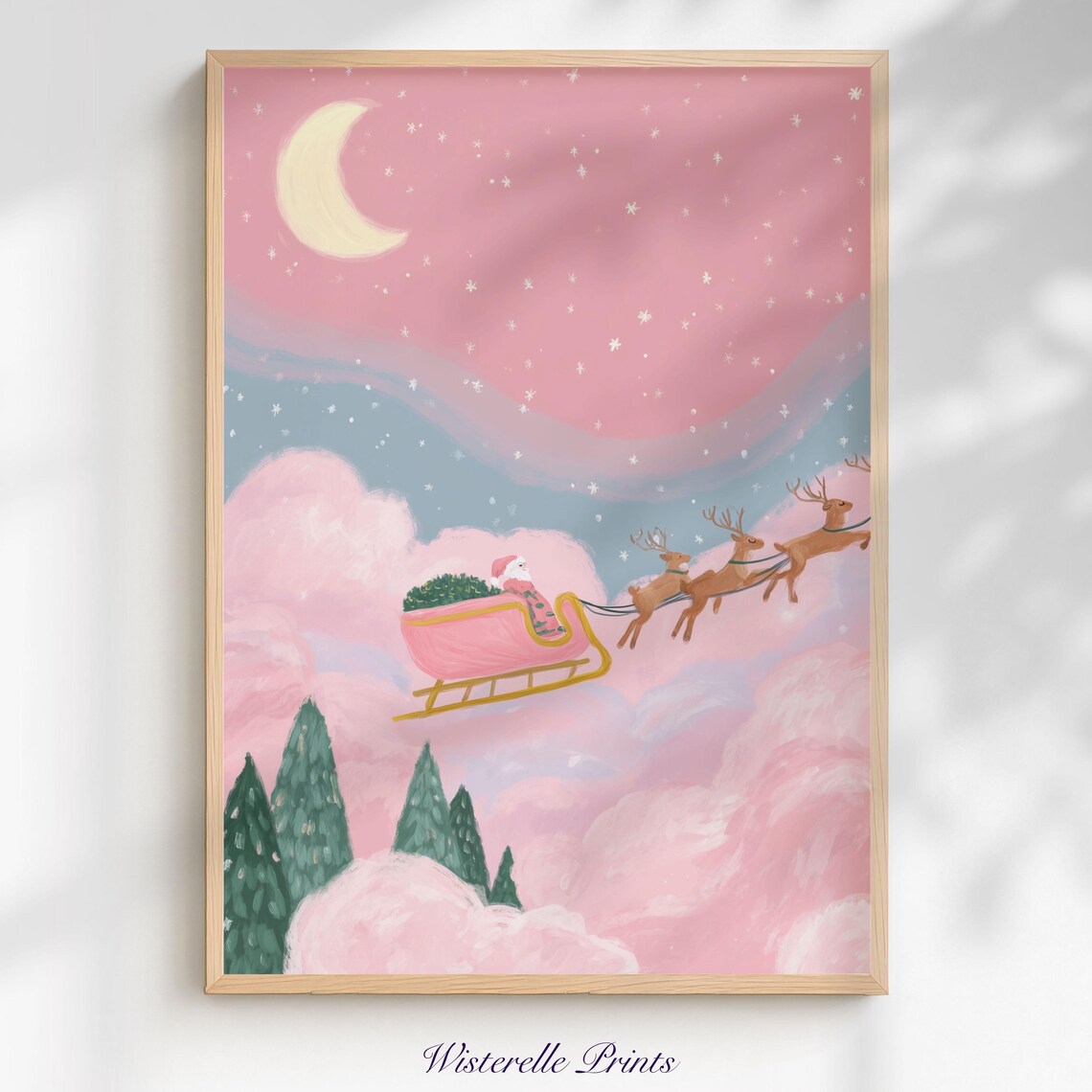 Pink Christmas Eve Sky Art Print, Cute Santa Sleigh
